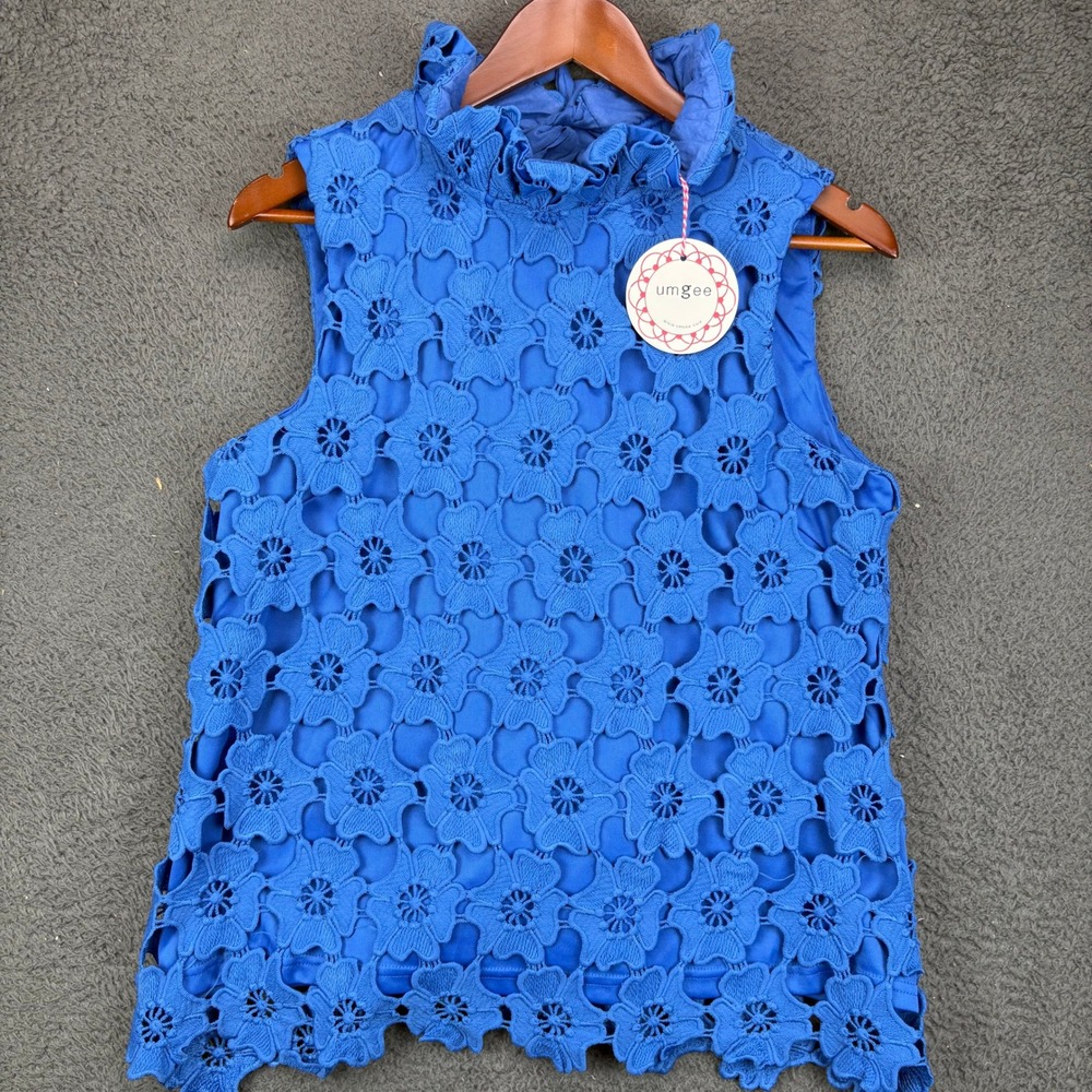 Umgee USA Blue Floral Crochet Lace Ruffle Neck Tie Back Sleeveless Top Small NEW